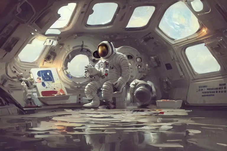 Prompt: an astronaut in a floating art museum, art museum full of paintings, expressive oil painting, by greg rutkowski, by james gilleard, digital, trending on artstation, octane render, highly detailed, detailed astronaut