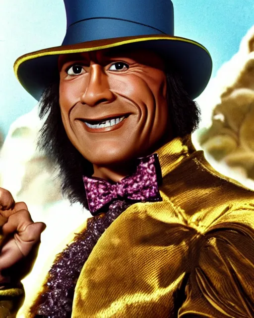 Image similar to Film still close-up shot of Dwayne Johnson as Willy Wonka from the movie Willy Wonka & The Chocolate Factory. Photographic, photography