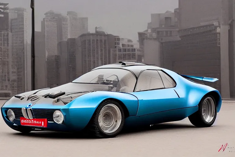 Prompt: 1955 BMW M1 Stratos, city in cyberpunk style by Vincent Di Fate