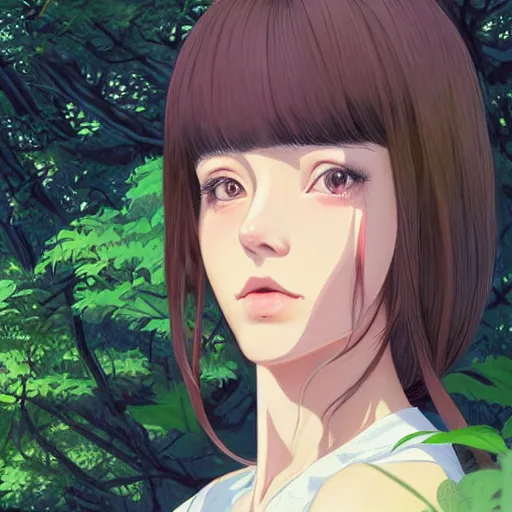 Prompt: Character portrait of a young beautiful woman in a lush park, beautiful face, long dark hair with bangs, highly detailed, cel shading, Studio Ghibli still, by Ilya Kuvshinov and Akihiko Yoshida