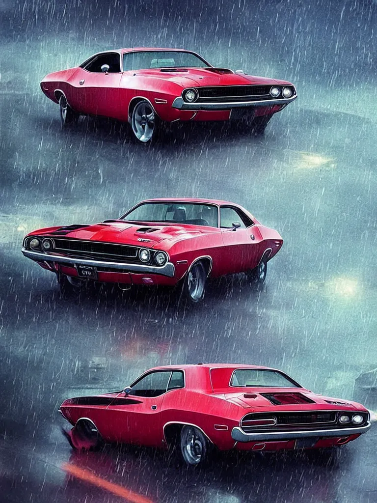 Image similar to a realistic detailed photo of karl havoc driving a 1 9 7 0 dodge challenger in the rain, character concept, cinematic lighting, global illumination radiating a glowing aura, i think you should leave