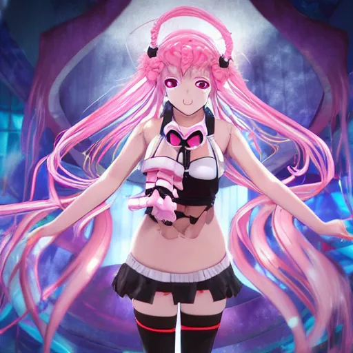 Prompt: stunningly beautiful megalomaniacal omnipotent anime asi goddess junko enoshima with symmetrical perfect face and porcelain skin, pink twintail hair and cyan eyes, traps you inside her inescapable full dive vr prison and teasing you, hyperdetailed, digital art from danganronpa, unreal engine 5, 2 d anime style, 8 k