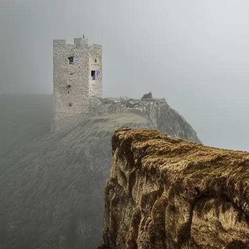 Prompt: single stone medieval castle tower on a cliff side, cloth is draped from the castle tower, dense fog, rain, moody, low key, desaturated colors, surrounded by cliffs, hills and ocean, wide shot