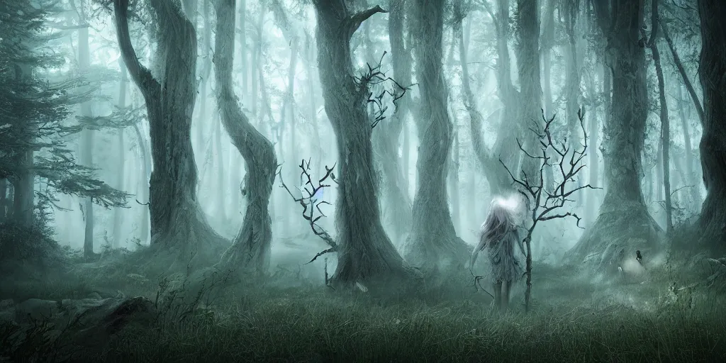 Image similar to ghost's of the forest with wood spirits in the trees with will o the wisp, photorealistic, wlop, 4 k resolution h 7 6 8