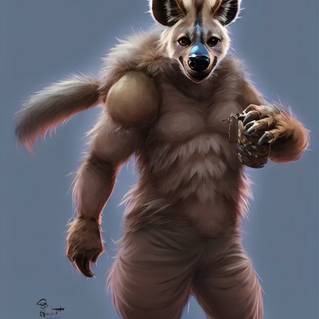 Image similar to character concept art of a male anthropomorphic furry hyena | | cute - fine - face, pretty face, key visual, realistic shaded perfect face, fine details by stanley artgerm lau, wlop, rossdraws, james jean, andrei riabovitchev, marc simonetti, and sakimichan, trending on artstation