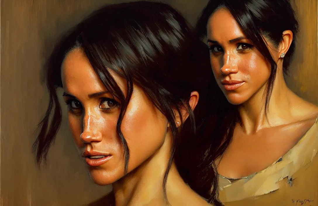 Image similar to portrait of meghan markle!!!!!!!!!!!!!!!!!!!!!!!!!!!, detailed face, detailed painting, epic lighting, by ilya repin, phil hale and kent williams