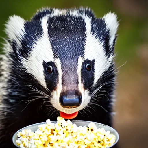 Prompt: badger eating popcorn, professional photography