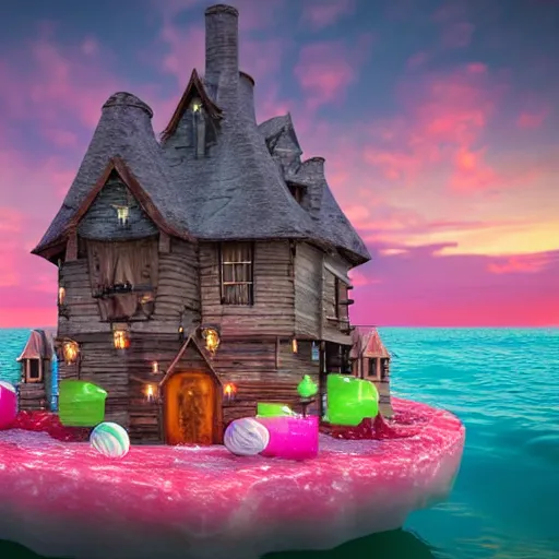 Prompt: a witches house made out of candy floating on the ocean, epic scene, fantasy, cinematic, redshift render, cgi, hyper - detailed, photo - bash, 8 k post - production, masterpiece