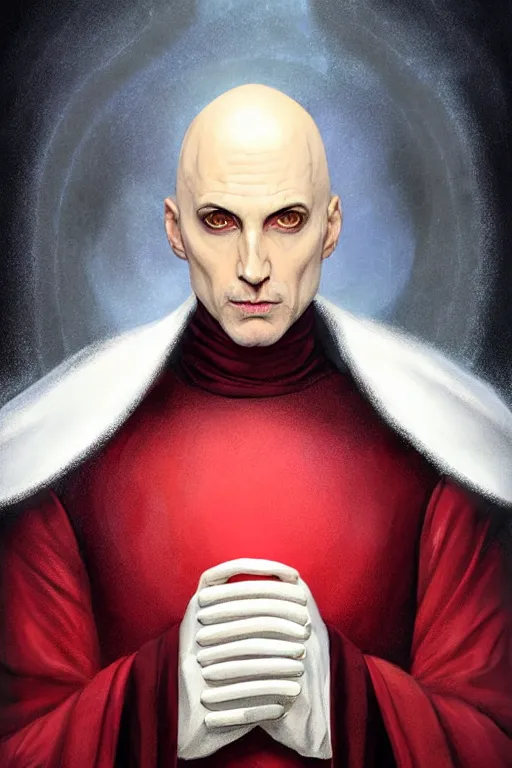 Prompt: a bald pale sorcerer in his late ninetees. stately and dour in his expression. eyeliner accentuates his sunken eyes. a high black turtleneck covers his thin neck. opulent white golden red robe. white leather gloves with gold decoration, sharp focus, illustration, digital painting, art by magali villeneuve