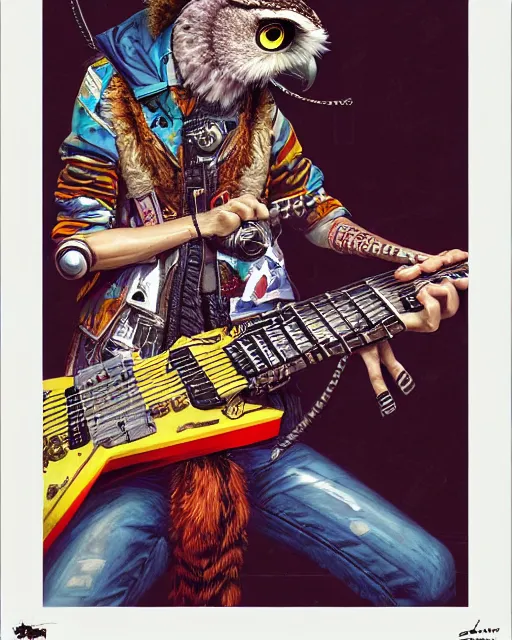 Prompt: a portrait of an anthropomorphic cyberpunk owl shredding an electric guitar by sandra chevrier, by jon foster, detailed render, tape deck, epic composition, cybernetics, 4 k realistic, cryengine, realistic shaded lighting, sharp focus, masterpiece, by enki bilal