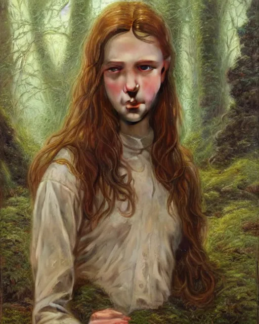 Image similar to a well - lit, realistic oil painting emotive portrait of a girl resembling a young, shy, redheaded irish alicia vikander or millie bobby brown in moss - covered ancient stone ruins at sunset, highly detailed, intricate, concept art, artstation, by donato giancola, ron cobb, and artgerm