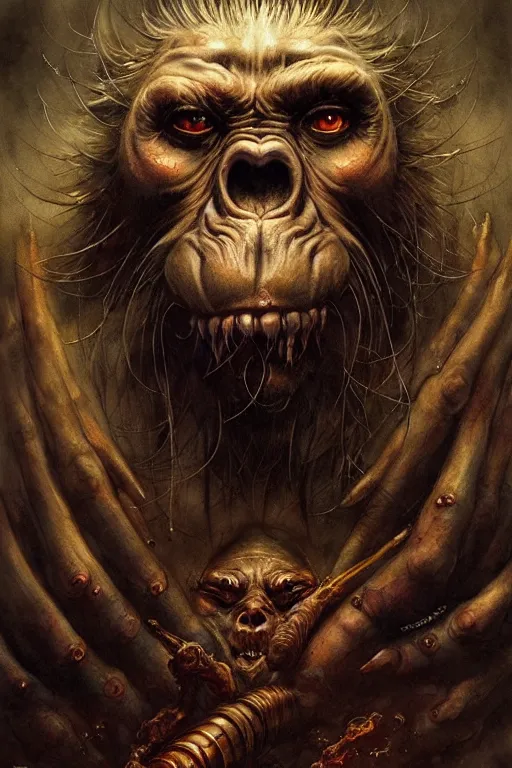 Image similar to ape demon | esoteric symbolism | jean - baptiste monge, esao andrews, bastien lecouffe - deharme, tim jacobus, ken currie | ultra - detailed realism, soft cinematic lighting, hi - fructose, artstation, high - quality, ink watercolors wes anderson poster art