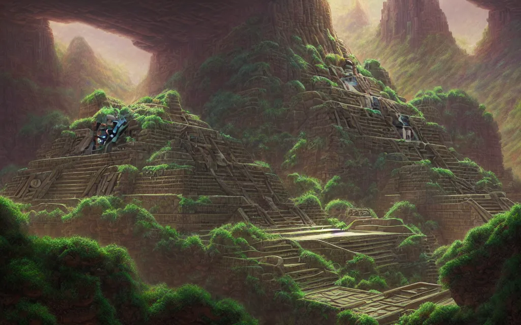 Prompt: beautiful highly detailed matte painting of an intricate mayan futuristic brutalist jade ancient temple in a valley surrounded by canyons by Jose Daniel Cabrera Pena and Leonid Kozienko, Noah Bradley concept art