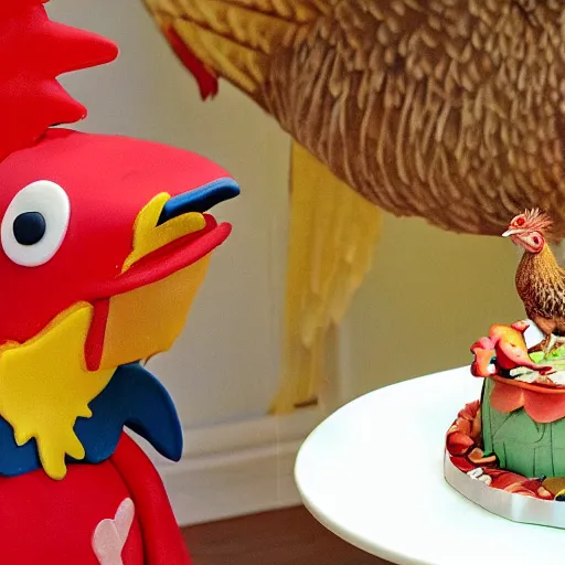 Image similar to a realistic photo of a hatchling chick and a big rooster all alone next to a birthday cake