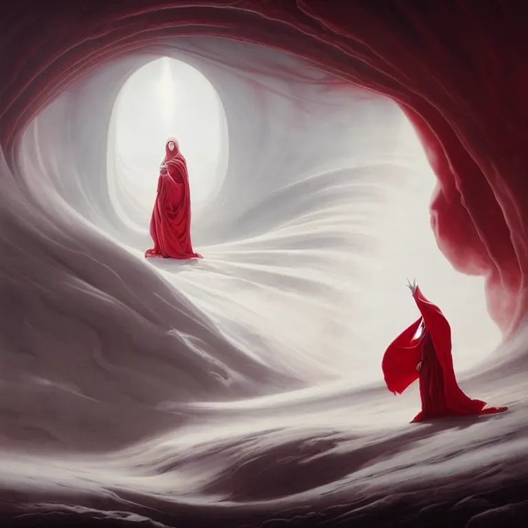 Prompt: one lone singular swirling otherworldly angelic figure shrouded in red robes emerges from extensive barren white dunescape, matte painting by peter mohrbacher and filip hodas, background basilica sacre coeur, godrays, high contrast, highly detailed, a