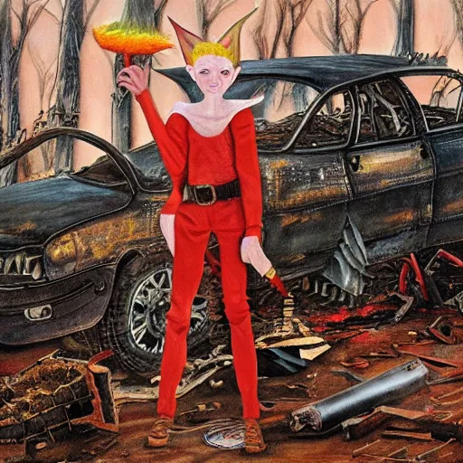 Image similar to a skinny high-fantasy elf with a long narrow face and spiky blonde hair wearing dark brown overalls and holding a firecracker standing next to a destroyed car, painting by Vanessa Beecroft