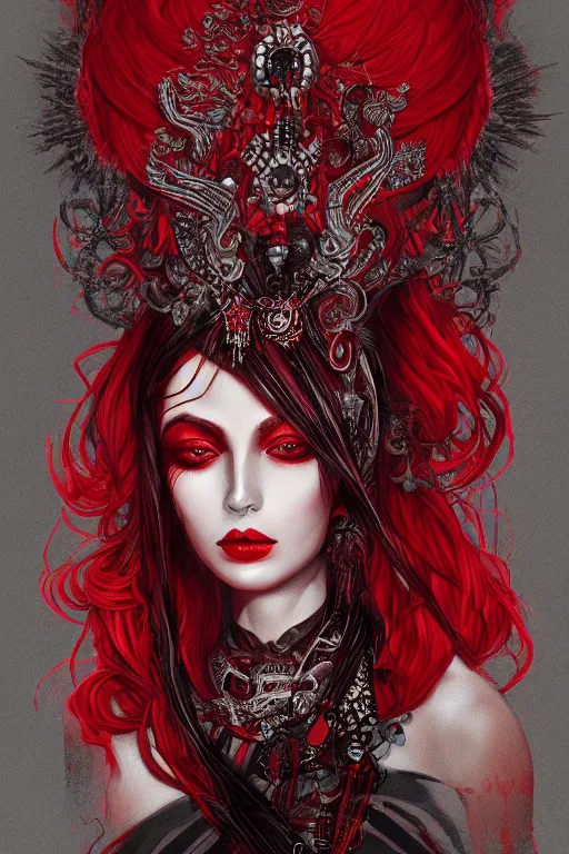 Prompt: portrait of the blood goddess, enigmatic beauty, dominant shades of crimson and red and black, oriental silver ornaments, artstation