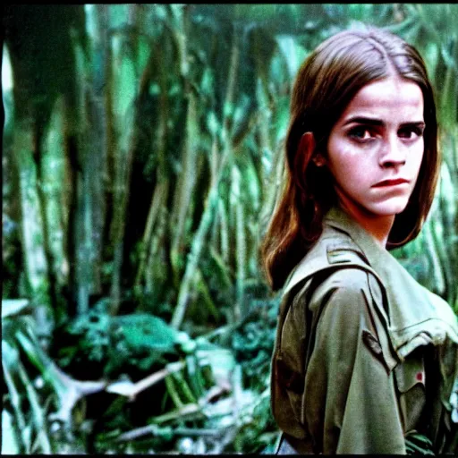 Image similar to film still, extreme far view, emma watson vietnam door gunner, film still from apocalypse now ( 1 9 7 9 ), 2 6 mm, kodak ektachrome, blue tint expired film,