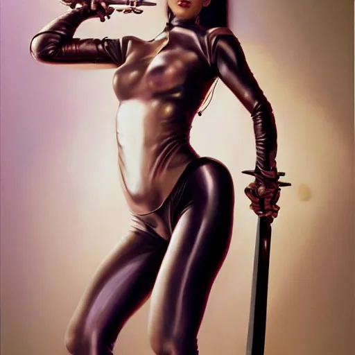 Prompt: aa airbrush painting of a nice looking girl with beautiful forms and skin-tight leather leggings lost in a fantasy world alone with her sword, in style by hajime sorayama and boris vallejo, trending on artstation, 4K
