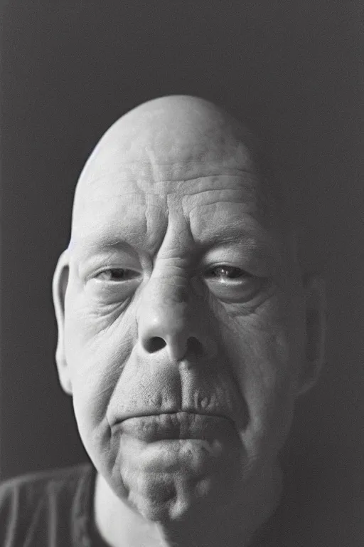 Prompt: studio portrait of man that looks excactly like homer simpson, lookalike, as if homer simpson came to life, soft light, black background, fine skin details, close shot, award winning photo by diane arbus