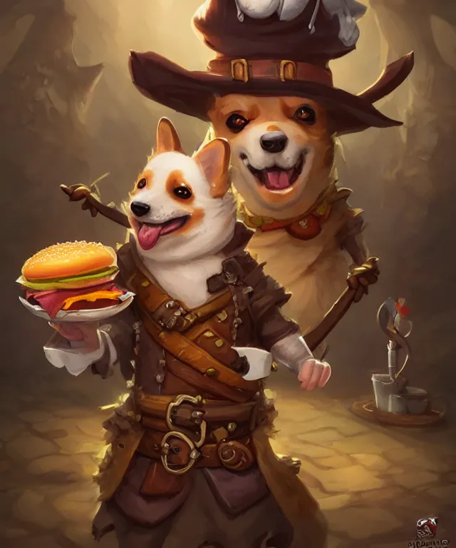 Prompt: a portrait of an anthropomorphic corgi pirate eating hamburgers and fries, restaurant in background, cute and adorable, dnd character art portrait, well rendered matte fantasy painting, deviantart artstation, by jason felix by steve argyle by tyler jacobson by peter mohrbacher, cinematic lighting