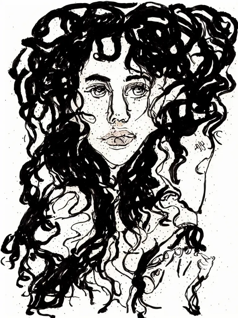 Image similar to face portrait of a teenager with a big nose and curly black hair, hand drawn illustration, ink and marker, by andrea pazienza