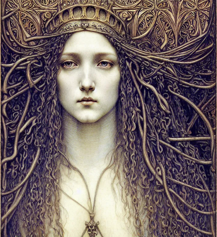 Image similar to detailed realistic beautiful young medieval queen face portrait by jean delville, gustave dore and marco mazzoni, art nouveau, symbolist, visionary, gothic, pre - raphaelite. horizontal symmetry