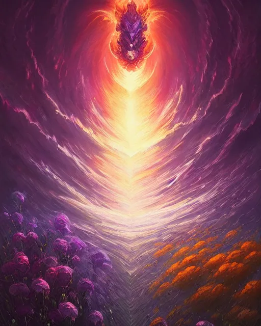 Prompt: aurelion sol, explosion of flowers, todd lockwood, alena aenami, frank frazetta