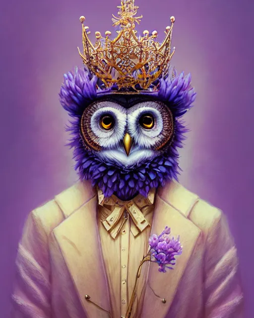 Prompt: anthropomorphic art of an owl king, wearing a crown, in a lilac royal jacket, by artgerm, victo ngai, ryohei hase, artstation, highly detailed digital painting, smooth, global illumination, fantasy art by greg rutkowsky, karl spitzweg, leyendecker