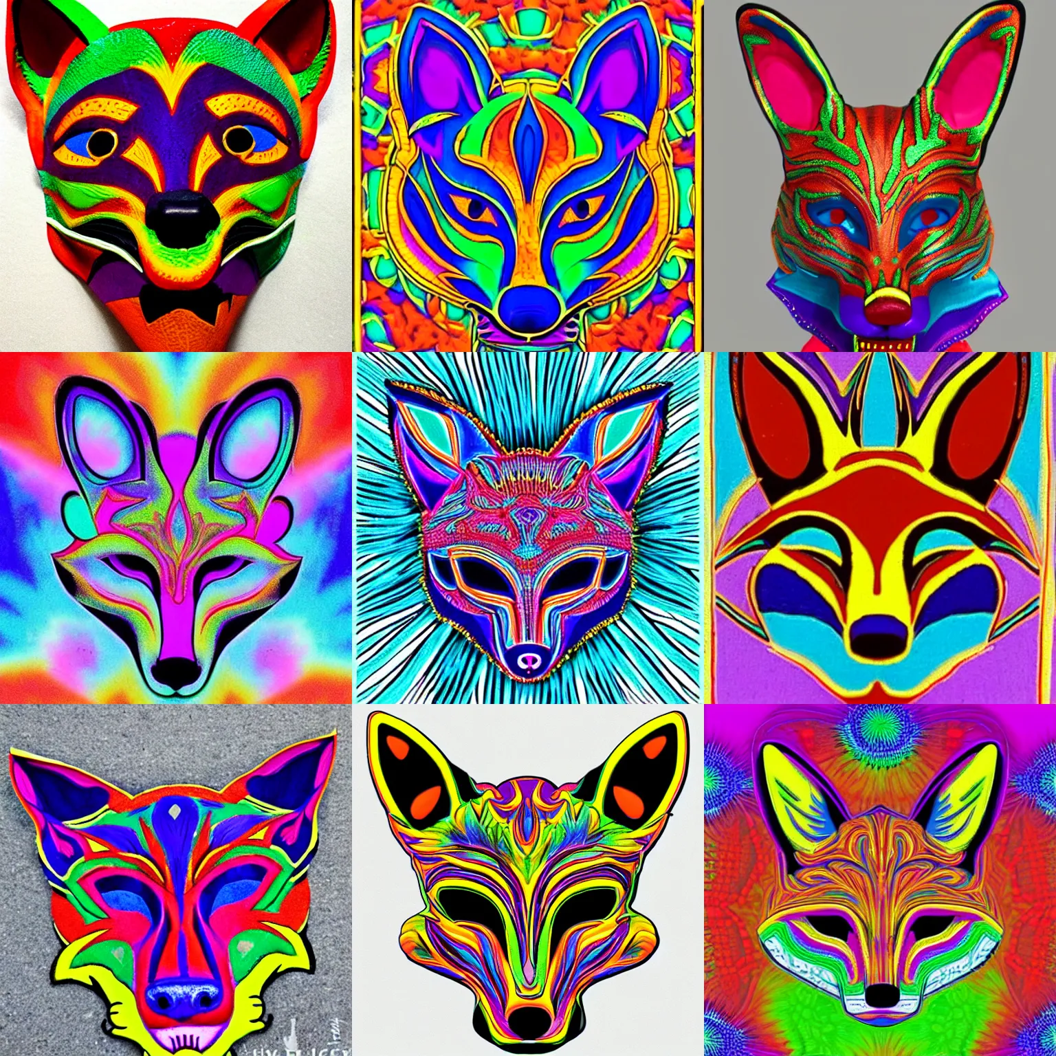 Prompt: psychedelic colors fox voodoo mask, symmetry!!