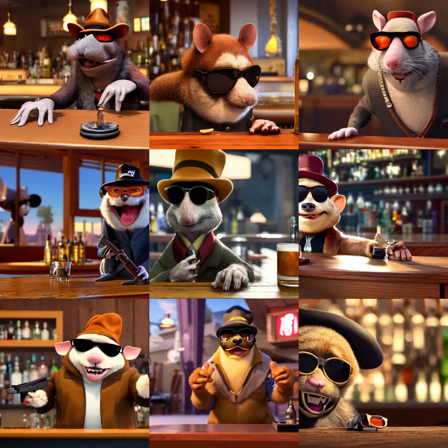 Prompt: a still of an anthropomorphic gangster rat, wearing sunglasses and a mafia-style hat, holding a glock, long fur, sitting at a bar in a Disney Pixar movie, 35mm f2.8, 4k, artstation, PBR materials, Pixar renderman render