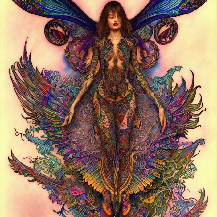 Prompt: extremely psychedelic tattoo design made of wings, LSD tattoo design, diffuse lighting, fantasy, intricate, elegant, highly detailed, lifelike, photorealistic, digital painting, artstation, illustration, concept art, smooth, sharp focus, art by John Collier and Albert Aublet and Krenz Cushart and Artem Demura and Alphonse Mucha