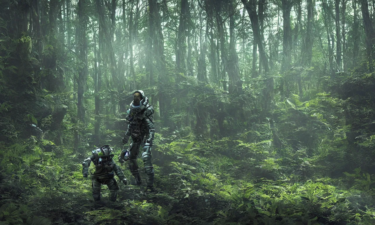 Image similar to prometheus astronaut in the forest with plants environment ,wide angle low, cinematic atmospheric lighthing, octane render, by craig mullin,