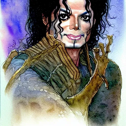 Image similar to a realistic and atmospheric watercolour fantasy character concept art portrait of michael jackson as a druidic warrior wizard looking at the camera with an intelligent gaze by rebecca guay, michael kaluta, charles vess and jean moebius giraud