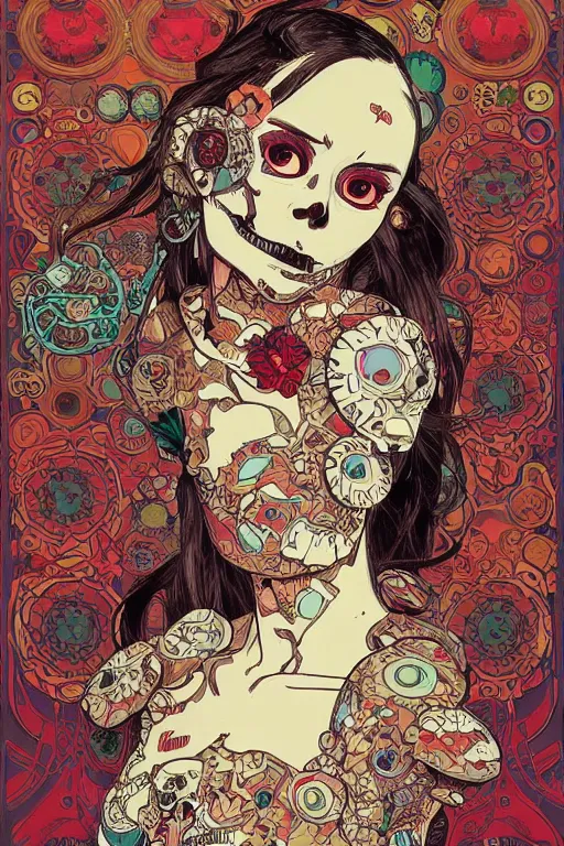 Prompt: beautiful skull cyborg portrait girl illustration, detailed patterns art of vietnam traditional dress, pop art, splash painting, art by geof darrow, ashley wood, alphonse mucha, makoto shinkai