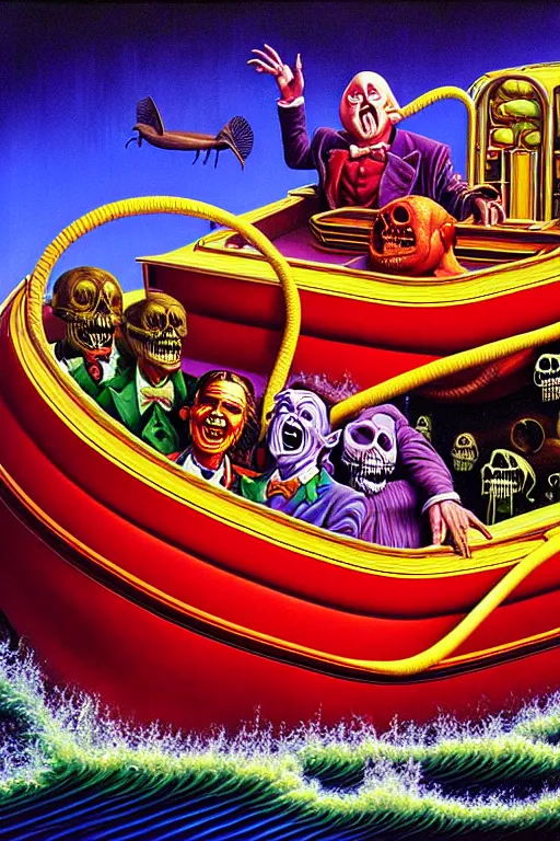 Image similar to a hyperrealistic painting of willy wonkas scary boat ride, cinematic horror by jimmy alonzo, the art of skinner, chris cunningham, lisa frank, richard corben, highly detailed, vivid color,