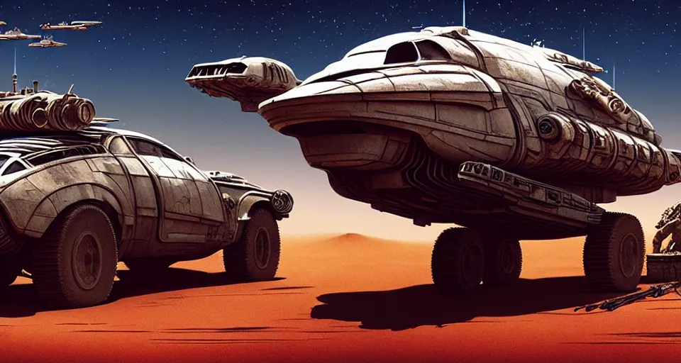 Prompt: highly detailed cinematic syd mead scifi render of 3 d sculpt of fury road spaceship, sparth, scott robertson, guardians of the galaxy, star wars, maschinen krieger, raphael lecoste, no wheels