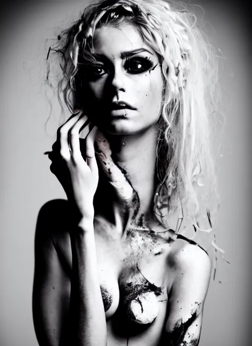 Image similar to astonishingly beautiful woman in tattered clothes revealing body, blonde hair, make up, black & white