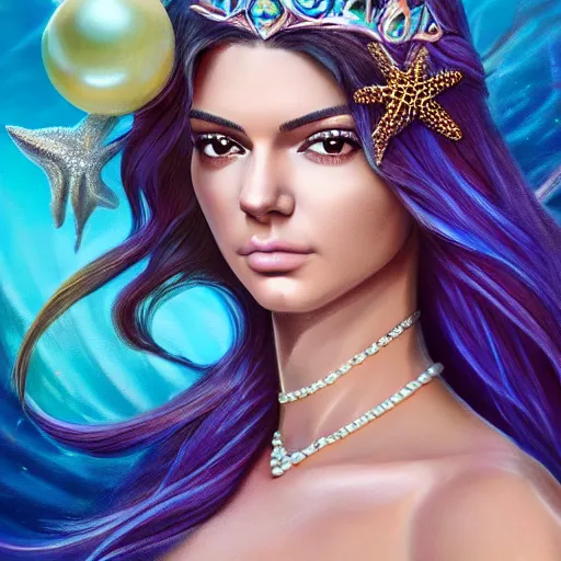 Image similar to kendall jenner portrait, fantasy, mermaid, hyperrealistic, game character, underwater, highly detailed, sharp focus, cinematic lighting, pearls, glowing hair, shells, gills, crown, water, highlights, starfish, jewelry, realistic, digital art, pastel, magic, fiction, ocean, king, colorful hair, sparkly eyes, fish, heroic, goddess, waves, bubbles, queen