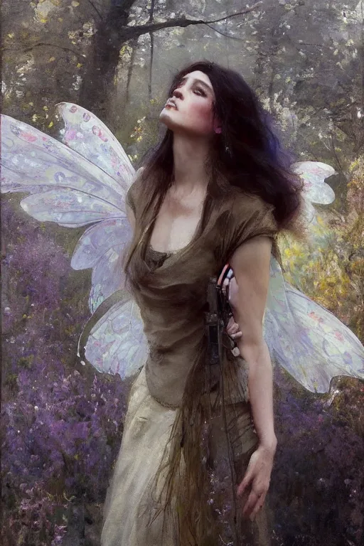 Prompt: Richard Schmid and Jeremy Lipking full length portrait painting of a young beautiful fantasy fairy woman