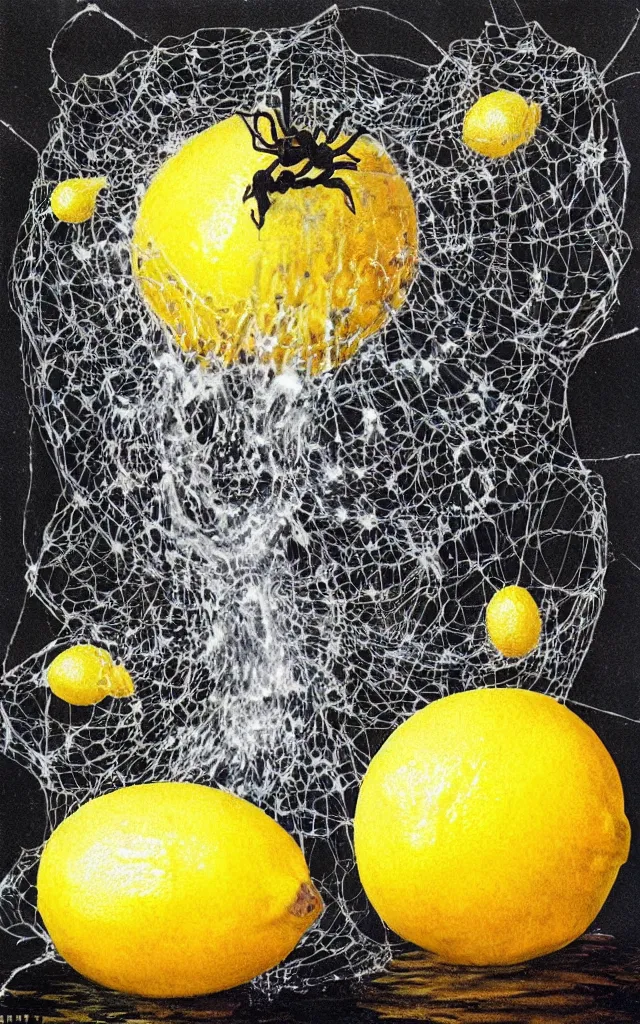 Image similar to big lemon surrounded by giant airbrushed spiders glimmering and drips of water, black background, airbrush fantasy 80s, masterpiece album cover