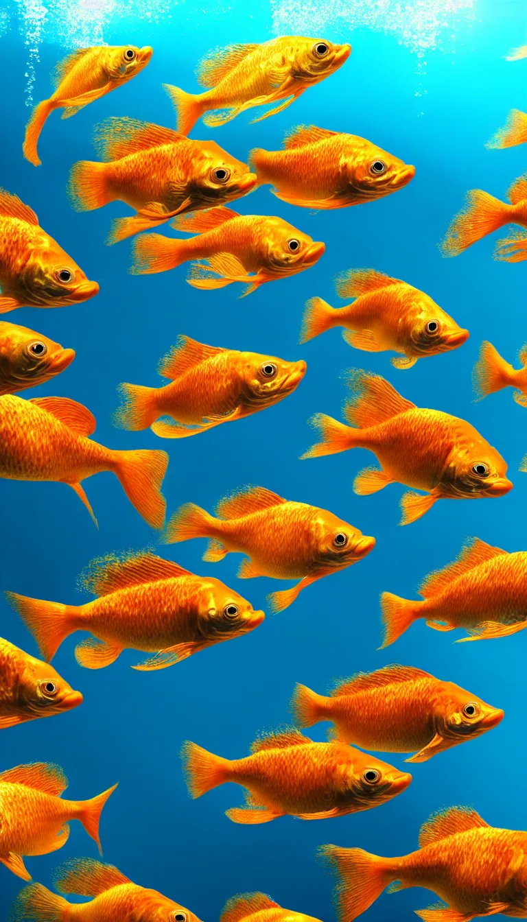 Prompt: highly detailed photo of beautiful five colorful gold fish under water, five fish, hyper realistic, concept art, 8 k detail post - processing