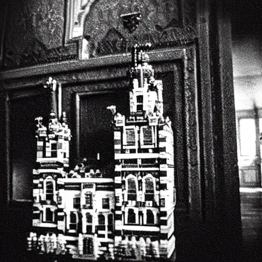 Image similar to ivan the terrible in his palace in moscow play with lego castle, kodak, old photo, black and white, film, wide lens, 1 6 mm,