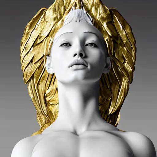 Prompt: a statue made of white marble with gold veins, of an beautiful angel girl, full body shot, perfect symmetrical body, perfect symmetrical face, no eyes, hyper realistic, hyper detailed, fujicolor superia 1 6 0 0 photo, by peter kemp, by monia merlo octane render, blender, 8 k