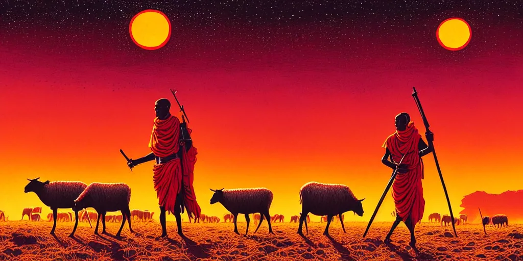 Image similar to an masai warrai guarding a herd of sheep in a large arid plain, surrounded by alien creatures while the orange sun sets. by dan mumford.