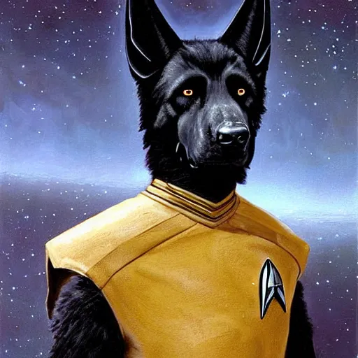 Prompt: fullbody of a black german shepard dogman man alien in jumpsuit starfleet star trek risa. highly detailed painting by gaston bussiere craig mullins jc