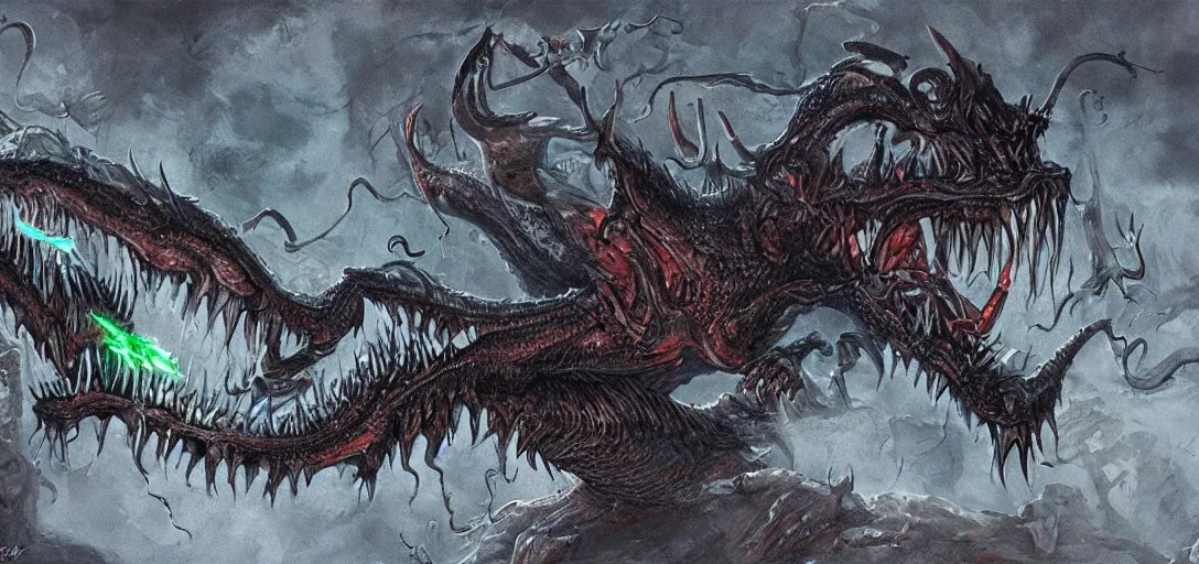 Image similar to concept art of dragon attack, lovecraftian, lots of teeth, melting horror, feathers, fighting the horrors of the unknown with laser guns