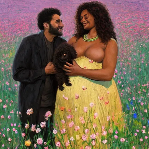 Image similar to egyptian man with long curly hair in a field of flowers, alongside a pregnant black woman with curly hair, with a small black puppy in the middle, golden hour, vintage, impressionist painting, fine art, oil painting, dreamy, pastel, laughing, happy, intricate details, sharp, peaceful, serene