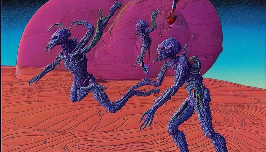 Image similar to ( ( ( ( a humanoid creature from another planet. ) ) ) ) by mœbius!!!!!!!!!!!!!!!!!!!!!!!!!!!, overdetailed art, colorful, artistic record jacket design