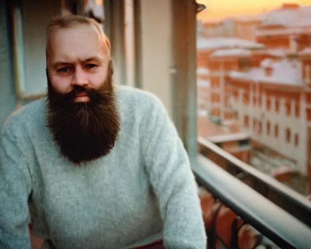 Image similar to lomo photo of 4 0 years russian man with beard and sweater standing on small hrushevka 9 th floor balcony full with cigarette smoke in small russian town looking at sunset, cinestill, bokeh